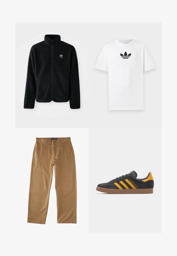 Čierna fleecová bunda s vysokým golierom, zipsom na prednej strane a prednými vreckami. Obsahuje textúrovanú tkaninu a malé biele logo na ľavej hrudi.; Biely bavlnený tričko s čiernym logom Adidas v strede. Krátke rukávy a okrúhly výstrih. Hladká textúra.; Bežové bavlnené chinos nohavice s rovnou nohavicí, s dvoma prednými vreckami, jedným zadným vreckom a zapínaním na gombík. Hladká textúra.; Čierne semišové tenisky so žltými akcentmi, ktoré majú tri pruhy a hnedú gumovú podrážku. Obsahujú vypolstrovaný jazyk pre pohodlie.