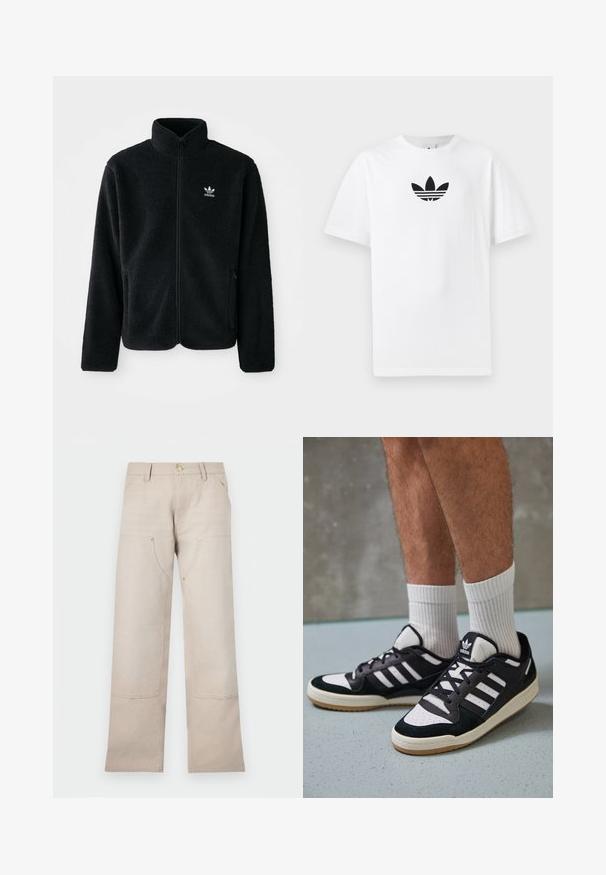 Casaco de fleece preto com gola alta, fecho de correr à frente e bolsos frontais. Apresenta um tecido texturizado e um pequeno logo branco no lado esquerdo do peito.; T-shirt de algodão branco com um logo preto da Adidas no centro. Mangas curtas e um design de gola redonda. Textura suave.; Calças de algodão bege com um design de perna reta, apresentando dois bolsos frontais e dois detalhes com fecho éclair. Realce em metal dourado.; Ténis em preto e branco com upper em camurça e couro, apresentando três riscas brancas, um toe perfurado e uma sola em borracha de goma.