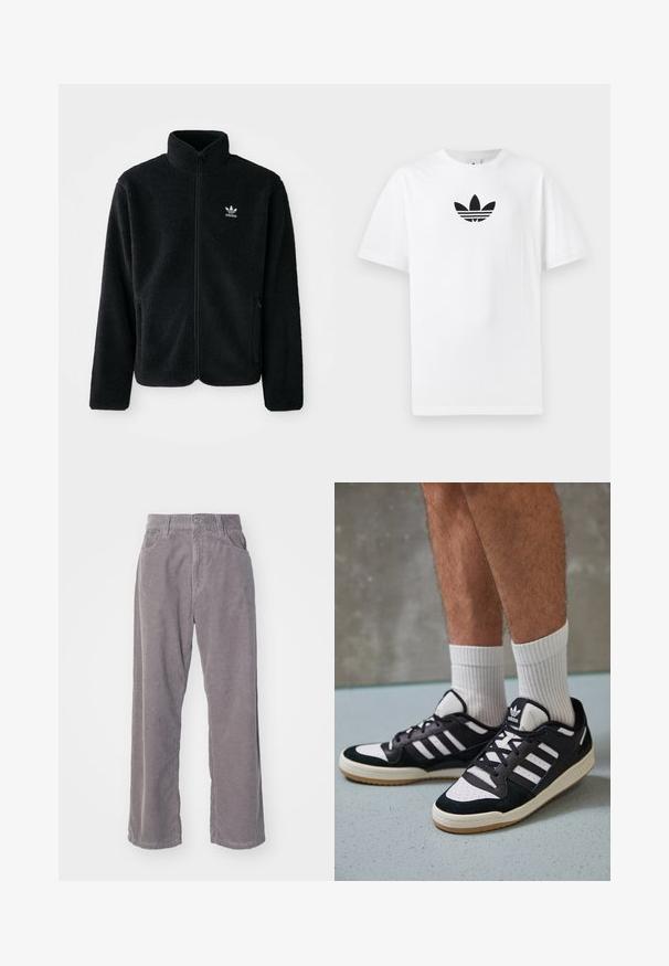 Schwarze Fleecejacke mit hohem Kragen, durchgehendem Reißverschluss und Fronttaschen. Verfügt über strukturiertes Material und ein kleines weißes Logo auf der linken Brust.; Weißes Baumwoll-T-Shirt mit einem schwarzen Adidas-Logo in der Mitte. Kurze Ärmel und Rundhalsausschnitt. Glatte Textur.; Grau Rippcordhosen mit weitem Bein, vertikalen Rippungen, einem Knopfverschluss und zwei Fronttaschen.; Schwarz-weiße Sneaker mit einem Obermaterial aus Wildleder und Leder, ausgestattet mit drei weißen Streifen, einer perforierten Zehenpartie und einer Sohle aus Gummi.