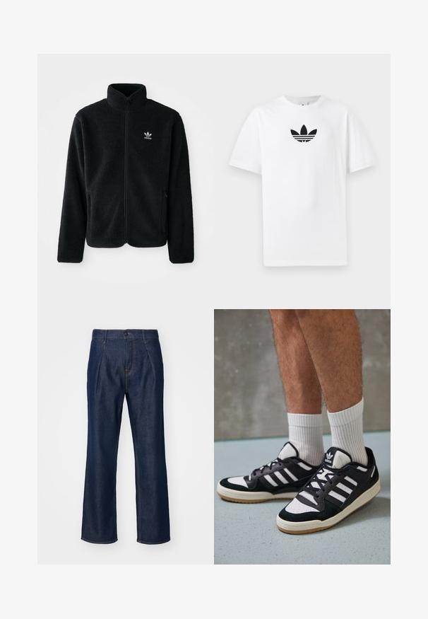 Černá fleecová bunda s vysokým límcem, předním zipem a předními kapsami. Disponuje strukturovanou tkaninou a malým bílým logem na levé hrudi.; Bílá bavlněná tričko s černým logem Adidas uprostřed. Krátký rukáv a design s kulatým výstřihem. Hladká textura.; Tmavě modré džíny s rovnými nohavicemi, se zapínáním na knoflík vpředu, dvěma bočními kapsami a hladkým povrchem.; Černobílé tenisky s vrchní částí z semišové a kožené kůže, včetně tří bílých pruhů, perforovaného špičky a podrážky z gumy.