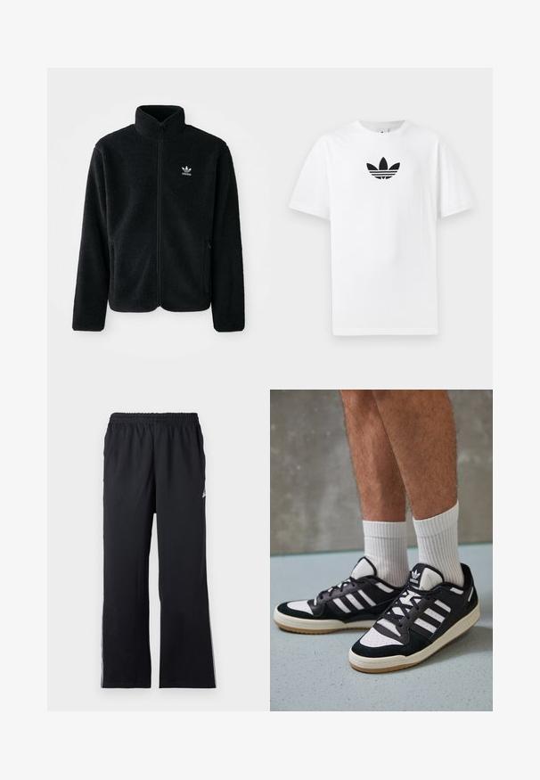 Casaco de fleece preto com gola alta, fecho de correr à frente e bolsos frontais. Apresenta um tecido texturizado e um pequeno logo branco no lado esquerdo do peito.; T-shirt de algodão branco com um logo preto da Adidas no centro. Mangas curtas e um design de gola redonda. Textura suave.; Calças de desporto pretas feitas de tecido elástico, com uma cintura elástica e detalhes laterais. Design de perna reta com um discreto logótipo.; Ténis em preto e branco com upper em camurça e couro, apresentando três riscas brancas, um toe perfurado e uma sola em borracha de goma.