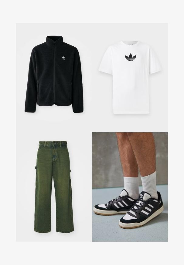 Črna flis jakna z visokim ovratnikom, z zadrgo spredaj in sprednjimi žepi. Ima strukturno blago in majhno belo logo na levi strani prsnega koša.; Bela bombažna majica s črnim logojem Adidas na sredini. Kratki rokavi in oblikovanje z okrog lim. Gladka tekstura.; Zelene denim cargo hlače širokega kroja, ki imajo stranske žepke, bled teksturo ter klasično zapiranje na gumb in zadrgo.; Črno-bele superge z zgornjim delom iz usnja in nubuka, ki imajo tri bele črte, perforiran vrh prstov in podplat iz gume.