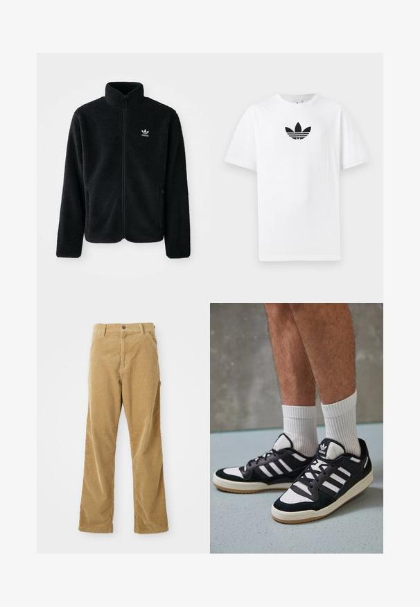 Čierna fleecová bunda s vysokým golierom, zipsom na prednej strane a prednými vreckami. Obsahuje textúrovanú tkaninu a malé biele logo na ľavej hrudi.; Biely bavlnený tričko s čiernym logom Adidas v strede. Krátke rukávy a okrúhly výstrih. Hladká textúra.; Hnedé kordové nohavice s prednými vreckami, pútkami na opasok, zapínaním na gombík a rovnými nohavicami ležiace na bielom pozadí.; Čierno-biele tenisky s vrchom z semišu a kože, s troma bielymi pruhmi, perforovanou špičkou a gumovou podrážkou.