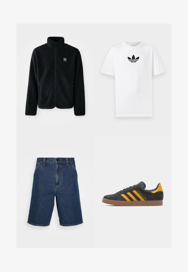 Fekete bolyhos dzseki magas gallérral, cipzáros elejével és elülső zsebeivel. Texturált anyaga és kis fehér logója van a bal mellen.; Fehér pamut póló, középen fekete Adidas logóval. Rövid ujjú és kerek nyakú kialakítással. Sima textúra.; Sötétkék farmer rövidnadrág egyenes szabással. Jellemzője a sárga varrás és a klasszikus öt zseb. Normál derékszabással és körbővített szélekkel rendelkezik.; Fekete velúrbőr sportcipő sárga díszítéssel, három csíkkal és barna gumitalppal. Párnázott nyelvével a kényelem érdekében.