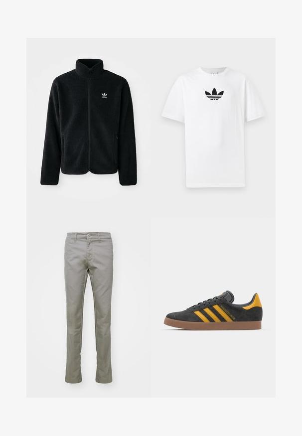 Black fleece jacket with high collar, zip front, and front pockets. Features textured fabric and small white logo on left chest.; White cotton T-shirt featuring a black Adidas logo at the center. Short sleeves and a crew neck design. Smooth texture.; Carhartt WIP SID PANT - Trousers - misty grey; Black suede sneaker with yellow accents, featuring three stripes and a brown rubber sole. Includes a padded tongue for comfort.