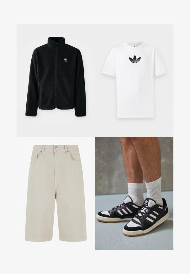 Fekete bolyhos dzseki magas gallérral, cipzáros elejével és elülső zsebeivel. Texturált anyaga és kis fehér logója van a bal mellen.; Fehér pamut póló, középen fekete Adidas logóval. Rövid ujjú és kerek nyakú kialakítással. Sima textúra.; Beige farmernadrág, egyenes szabással, elülső gombos záródással és négy zsebbel. Az anyag sima textúrájú, minimális varrási részletekkel.; Fekete-fehér tornacipők velúr és bőr felsőrésszel, három fehér csíkkal, perforált orral és gumi talppal.