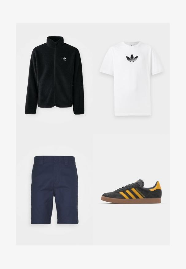 Čierna fleecová bunda s vysokým golierom, zipsom na prednej strane a prednými vreckami. Obsahuje textúrovanú tkaninu a malé biele logo na ľavej hrudi.; Biely bavlnený tričko s čiernym logom Adidas v strede. Krátke rukávy a okrúhly výstrih. Hladká textúra.; Námornícke modré šortky z hladkej tkaniny, s rovnou prednou časťou, pútkami na opasok a klasickým strihom. Bez viditeľných vzorov alebo akcentov.; Čierne semišové tenisky so žltými akcentmi, ktoré majú tri pruhy a hnedú gumovú podrážku. Obsahujú vypolstrovaný jazyk pre pohodlie.