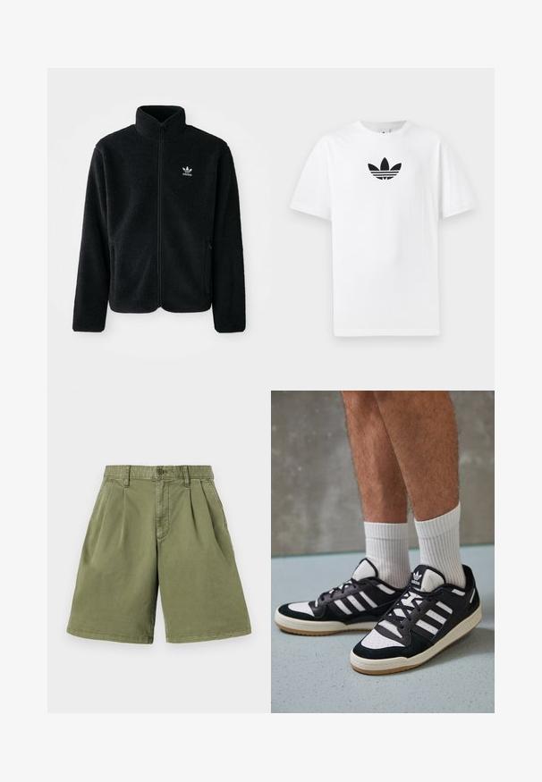 Fekete bolyhos dzseki magas gallérral, cipzáros elejével és elülső zsebeivel. Texturált anyaga és kis fehér logója van a bal mellen.; Fehér pamut póló, középen fekete Adidas logóval. Rövid ujjú és kerek nyakú kialakítással. Sima textúra.; Khadzsá shorts, elöl redőzött, pamutkeverék anyagból készült. Az övnek horgok és gombos záródás jellemzi, egyenes fazonnal és tiszta szegéssel.; Fekete-fehér tornacipők velúr és bőr felsőrésszel, három fehér csíkkal, perforált orral és gumi talppal.