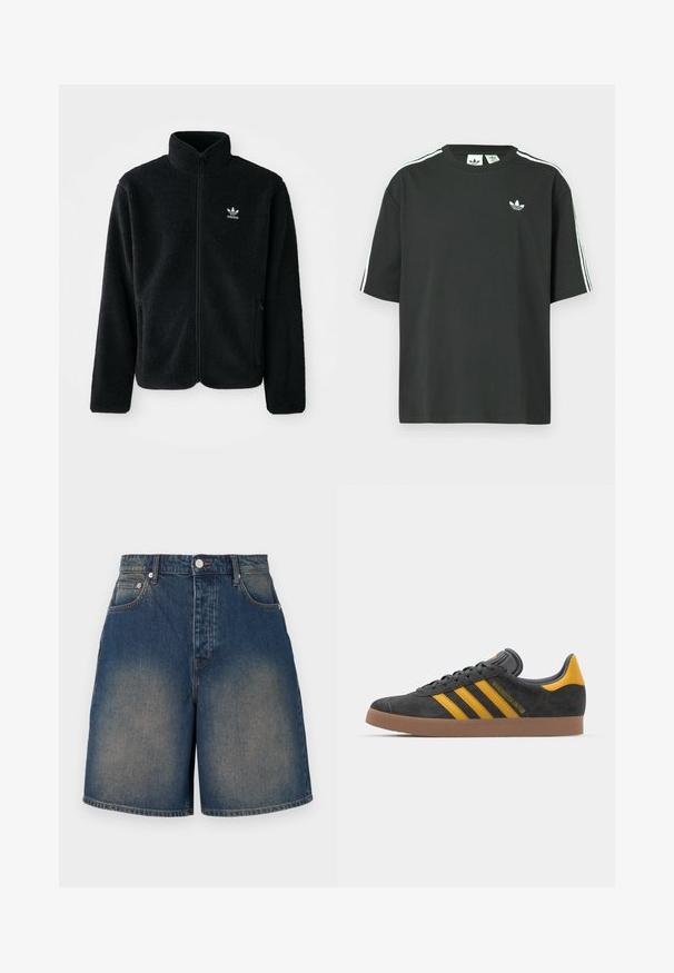 Giacca in pile nera con colletto alto, chiusura zip frontale e tasche anteriori. Presenta un tessuto testurizzato e un piccolo logo bianco sul lato sinistro del petto.; Maglietta nera in cotone con maniche corte, scollo rotondo e dettagli bianchi a tre strisce sulle spalle. Presenta un piccolo logo bianco sul petto.; Shorts in denim di blu medio con un lavaggio sbiadito. Presentano una vita alta, cinque tasche e un design a gamba dritta. Chiusura con bottone metallico.; Sneaker in suede nero con dettagli gialli, dotato di tre strisce e una suola in gomma marrone. Include una linguetta imbottita per il comfort.