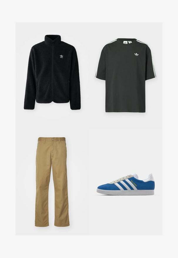Sort fleecejakke med høj krave, lynlås foran og frontlommer. Har tekstureret stof og lille hvidt logo på venstre bryst.; Sort bomulds-T-shirt med korte ærmer, rund hals og hvide tre-stribede detaljer på skuldrene. Har et lille hvidt logo på brystet.; Khaki chinos med lige bendesign, lavet af glat bomuldsstof. Har en knaplukning foran og sidelommer.; adidas Originals ADIDAS GAZELLE SHOES - Indendørsfodboldstøvler - real madrid/bluebird/footwear white/crew yellow