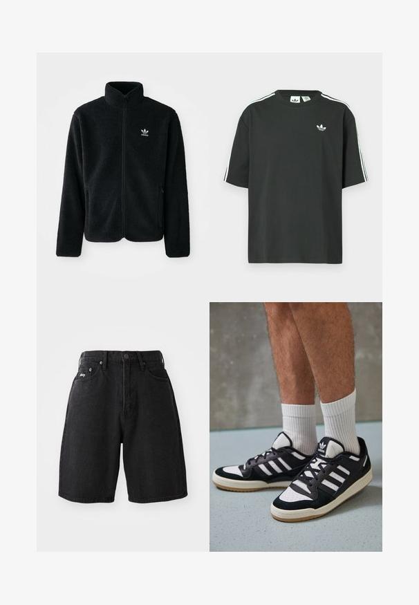 Melns flīsa mētelis ar augstu apkakli, ar rāvējslēdzēju priekšā un priekšējiem kabatām. Iezīmē ar teksturētu audumu un mazu baltu logo uz kreisā krūtīm.; Melna kokvilnas T-krekls ar īsām piedurknēm, apaļu kakla izgriezumu un baltām trim svītrām uz pleciem. Uz krūtīm neliels balts logo.; Melnas denima šorti ar augstu jostasvietu, divām priekšējām kabatām, metāla pogas aizdari un mazu zīmola logotipu kreisajā pusē.; Melnas un baltas kedas ar zamša un ādas augšdaļu, kas aprīkotas ar trim baltām svītrām, perforētu purngali un gumijas zolēm.