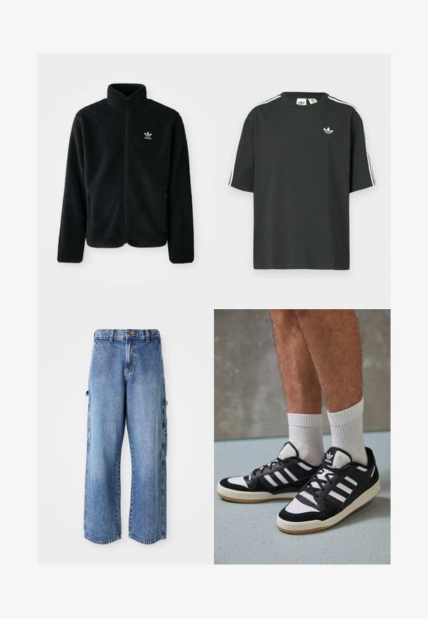 Crna fleec jakna s visokim ovratnikom, prednjim zatvaračem i prednjim džepovima. Ima teksturirani materijal i mali bijeli logo na lijevoj strani prsnog koša.; Crna pamučna majica kratkih rukava, s okruglim izrezom i bijelim detaljima u obliku triju pruga na ramenima. Na prsima se nalazi mali bijeli logotip.; Svijetloplave traper cargo hlače s širokim nogavicama, koje imaju bočne džepove, istrošenu teksturu i malo izfranjene rubove.; Crne i bijele tenisice s gornjim dijelom od antilopa i kože, s tri bijele pruge, perforiranim prstom i gumiranim potplatom.