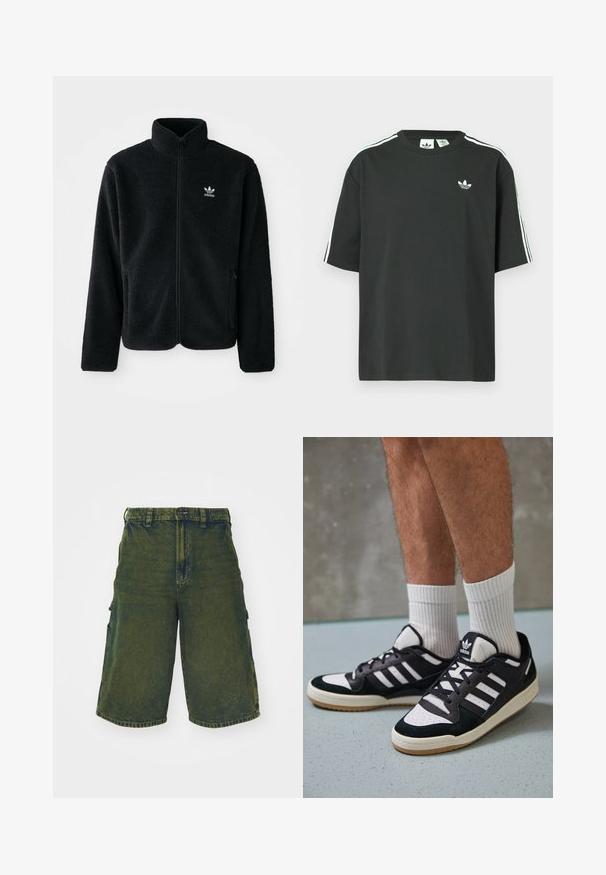 Black fleece jacket with high collar, zip front, and front pockets. Features textured fabric and small white logo on left chest.; Black cotton t-shirt with short sleeves, crew neckline, and white three-stripe detailing on shoulders. Features a small white logo on chest.; Green denim cargo shorts with a relaxed fit, featuring side pockets and a button closure. Distressed texture and straight cut.; Black and white sneakers with a suede and leather upper, featuring three white stripes, a perforated toe, and a gum rubber sole.