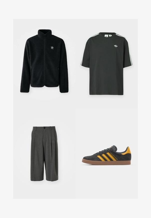 Black fleece jacket with high collar, zip front, and front pockets. Features textured fabric and small white logo on left chest.; Black cotton t-shirt with short sleeves, crew neckline, and white three-stripe detailing on shoulders. Features a small white logo on chest.; Gray pinstriped wide-leg shorts with a button closure and pleated front. Made from a textured fabric, featuring a tailored design.; Black suede sneaker with yellow accents, featuring three stripes and a brown rubber sole. Includes a padded tongue for comfort.