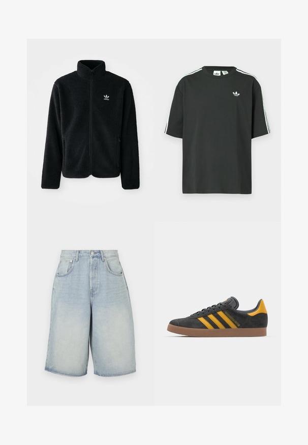 Must värviline fleecedee peasärk kõrge kraega, tõmblukuga esiosa ja esikotid. Omab tekstuuriga kangast ja väikest valget logo vasakul rinnal.; Mustast puuvillast lühikeste varrukatega t-särk, ümmarguse kaelusega ja valgete kolmetriipudega õlgadel. Rinnal on väike valge logo.; Heledad sinine teksade šortsid, millel on mugav lõige, kõrge vöökoht, viis taskut ja sirge äär. Veidi pleekinud, et anda kantud välimus.; Mustad sametist spordijalatsid kollaste aktsentidega, millel on kolm triipu ja pruun kummitald. Mugavuse tagamiseks on neil pehmendatud keele osa.