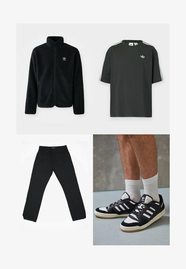 Chupa de forro polar negro con cuello alto, cierre frontal y bolsillos delanteros. Presenta tela texturizada y un pequeño logo blanco en el lado izquierdo del pecho.; Camiseta de algodón negra con mangas cortas, cuello redondo y detalle de tres rayas blancas en los hombros. Presenta un pequeño logo blanco en el pecho.; Pantalones vaqueros de mezclilla negra con un diseño de pierna recta, que cuentan con una cintura de altura media, cinco bolsillos y detalles de costura sutiles.; Zapatillas en blanco y negro con parte superior de ante y cuero, que presentan tres franjas blancas, una puntera perforada y una suela de goma.
