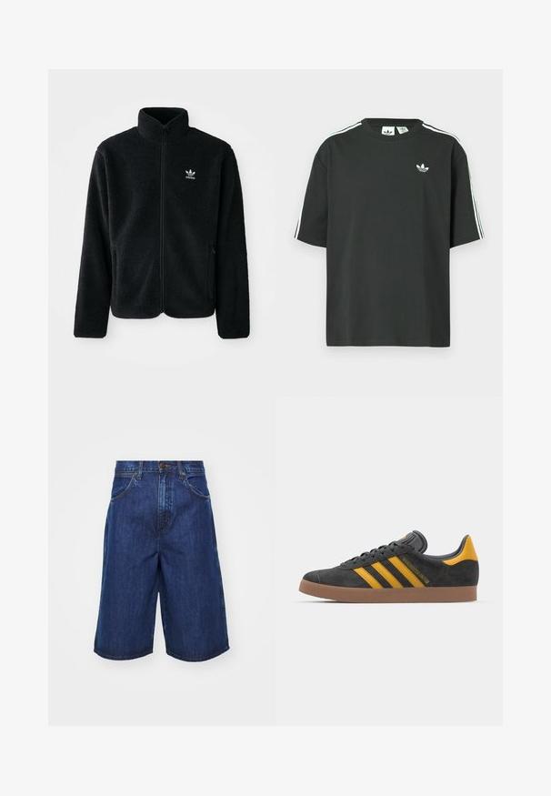 Svart fleecejakke med høy krage, glidelås foran og frontlommer. Har strukturert stoff og liten hvit logo på venstre bryst.; Svart t-skjorte i bomull med korte ermer, rund hals og hvite trestripesdetaljer på skuldrene. Har en liten hvit logo på brystet.; Denimshorts i mørkeblå, med en komfortabel passform, store sidelommer og synlige sømdetaljer. Midjehøyde med knappeåpning.; Sort skinnesko i svart semsket skinn med gule detaljer, med tre striper og en brun gummisåle. Inkluderer en polstret tunge for komfort.