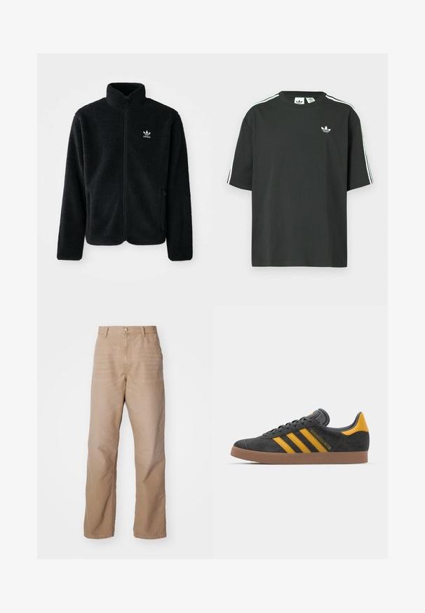 Black fleece jacket with high collar, zip front, and front pockets. Features textured fabric and small white logo on left chest.; Black cotton t-shirt with short sleeves, crew neckline, and white three-stripe detailing on shoulders. Features a small white logo on chest.; Beige cotton pants with a straight-leg design, featuring a zip fly, five-pocket style, and subtle texture.; Black suede sneaker with yellow accents, featuring three stripes and a brown rubber sole. Includes a padded tongue for comfort.