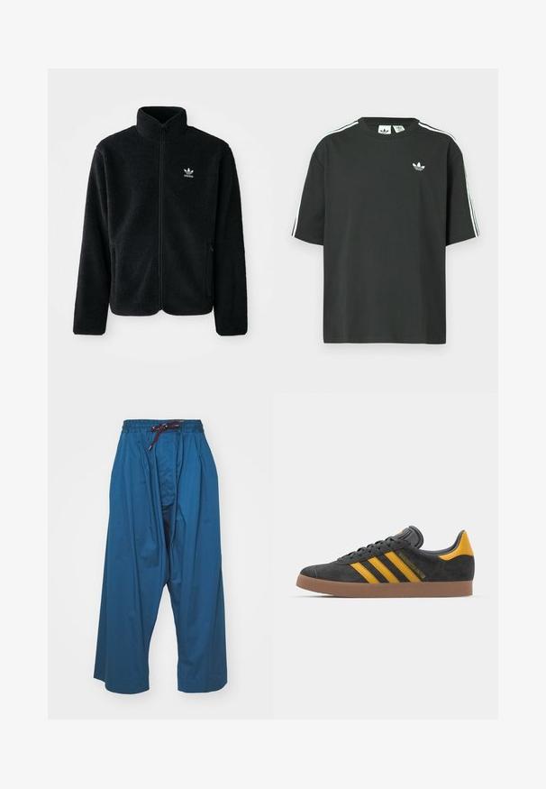 Juodas fliso džemperis su aukštu apykakle, užtrauktuku priekyje ir priekinėmis kišenėmis. Ypatybės: tekstūruota medžiaga ir mažas baltas logotipas kairėje krūtinės pusėje.; Juoda medvilninė trumpų rankovių marškinėliai su apvalia apykakle ir trimis baltomis juostelėmis ant pečių. Priekyje yra mažas baltas logotipas.; Vivienne Westwood BALLOON - Kelnės - navy; Juodas zomšinės sportbačiai su geltonais akcentais, turintys tris juosteles ir rudą gumos padą. Apima paminkštintą liežuvėlį patogumui.