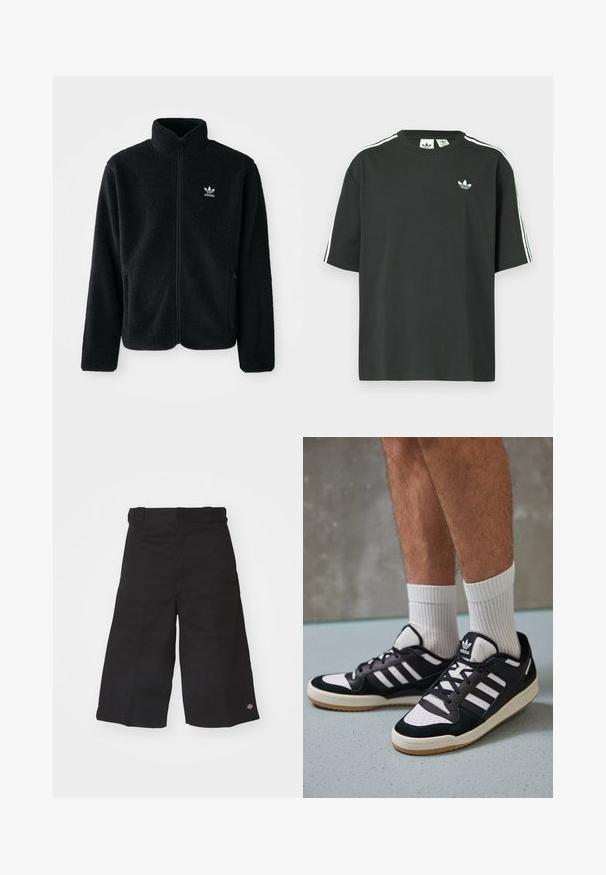 Black fleece jacket with high collar, zip front, and front pockets. Features textured fabric and small white logo on left chest.; Black cotton t-shirt with short sleeves, crew neckline, and white three-stripe detailing on shoulders. Features a small white logo on chest.; Black wide-leg shorts made of durable fabric. Features a smooth texture and a small logo on the hem. Four belt loops on the waistband.; Black and white sneakers with a suede and leather upper, featuring three white stripes, a perforated toe, and a gum rubber sole.