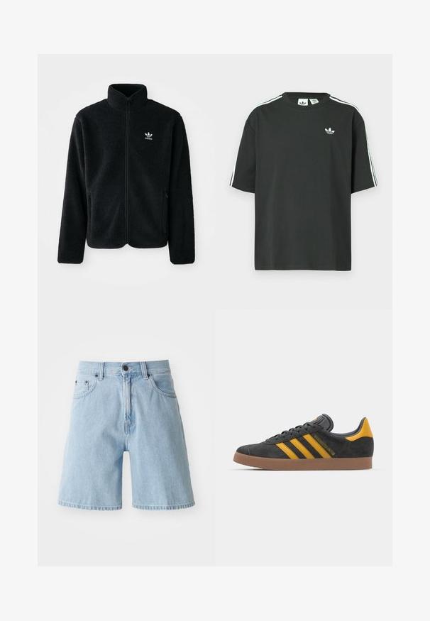 Μαύρο φλις μπουφάν με ψηλό γιακά, μπροστινό φερμουάρ και μπροστινές τσέπες. Διαθέτει υφασμάτινη υφή και μικρό λευκό λογότυπο στο αριστερό στήθος.; Μαύρο βαμβακερό μπλουζάκι με κοντά μανίκια, στρογγυλή λαιμόκοψη και λευκές τρεις ρίγες στο ύψος των ώμων. Φέρει μικρό λευκό λογότυπο στο στήθος.; Γαλάζιο τζιν σορτσάκι με χαλαρή εφαρμογή, πέντε τσέπες και κουμπί για κλείσιμο στη μέση· με ακατέργαστο στρίφωμα στα πόδια.; Μαύρο σουέτ αθλητικό παπούτσι με κίτρινες λεπτομέρειες, διαθέτει τρεις ρίγες και καφέ λάστιχο σόλα. Περιλαμβάνει επενδυμένη γλώσσα για άνεση.