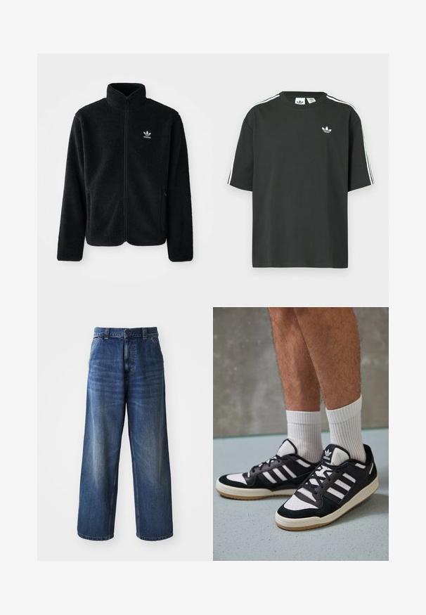 Schwarze Fleecejacke mit hohem Kragen, durchgehendem Reißverschluss und Fronttaschen. Verfügt über strukturiertes Material und ein kleines weißes Logo auf der linken Brust.; Schwarzes Baumwoll-T-Shirt mit kurzen Ärmeln, Rundhalsausschnitt und weißen Dreistreifen-Details auf den Schultern. Verfügt über ein kleines weißes Logo auf der Brust.; Hochtaillierte blaue Jeans mit weitem Bein, die eine subtile Ausbleichung, Seitentaschen und einen Knopfverschluss an der Taille aufweist.; Schwarz-weiße Sneaker mit einem Obermaterial aus Wildleder und Leder, ausgestattet mit drei weißen Streifen, einer perforierten Zehenpartie und einer Sohle aus Gummi.