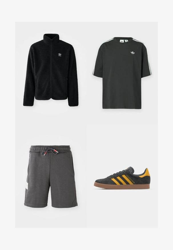 Czarna polarowa kurtka z wysokim kołnierzem, zamek z przodu i kieszeniami z przodu. Posiada teksturowany materiał i małe białe logo na lewej piersi.; Czarny bawełniany t-shirt z krótkimi rękawami, okrągłym dekoltem i białym detalem w postaci trzech pasków na ramionach. Na piersi znajduje się małe białe logo.; Szare sportowe szorty z elastycznym pasem i sznurkiem do regulacji. Posiadają boczne kieszenie oraz metkę z tkaniny po lewej stronie. Wykonane z lekkiego materiału.; Czarne zamszowe sneakersy z żółtymi akcentami, z trzema paskami i brązową gumową podeszwą. Posiadają wyściełany język dla większego komfortu.