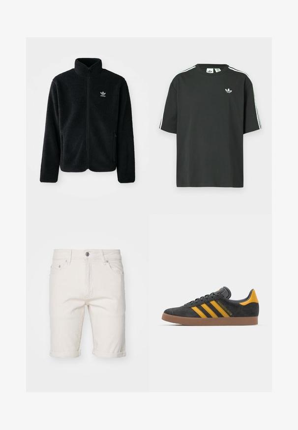 Μαύρο φλις μπουφάν με ψηλό γιακά, μπροστινό φερμουάρ και μπροστινές τσέπες. Διαθέτει υφασμάτινη υφή και μικρό λευκό λογότυπο στο αριστερό στήθος.; Μαύρο βαμβακερό μπλουζάκι με κοντά μανίκια, στρογγυλή λαιμόκοψη και λευκές τρεις ρίγες στο ύψος των ώμων. Φέρει μικρό λευκό λογότυπο στο στήθος.; Λευκά βαμβακερά τζιν σορτς με διπλωμένα μανίκια, διαθέτουν πέντε τσέπες, κλεισίματα με κουμπί και μινιμαλιστική υφή.; Μαύρο σουέτ αθλητικό παπούτσι με κίτρινες λεπτομέρειες, διαθέτει τρεις ρίγες και καφέ λάστιχο σόλα. Περιλαμβάνει επενδυμένη γλώσσα για άνεση.