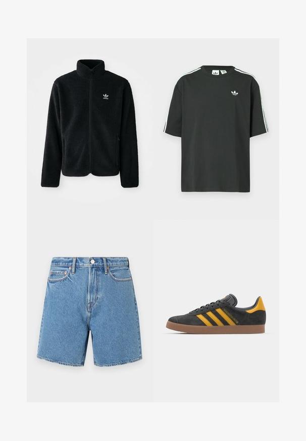 Veste en polaire noire avec col haut, fermeture éclair à l'avant et poches перед тобой. Présente un tissu texturé et un petit logo blanc sur la poitrine gauche.; T-shirt en coton noir à manches courtes, col rond, avec un détail blanc à trois bandes sur les épaules. Présente un petit logo blanc sur la poitrine.; Shorts en denim de couleur bleu clair. Tissu continu avec cinq poches, une fermeture à bouton et des coutures discrètes le long des coutures et des poches.; Baskets en suede noir avec des accents jaunes, présentant trois rayures et une semelle en caoutchouc marron. Comprend une languette rembourrée pour le confort.