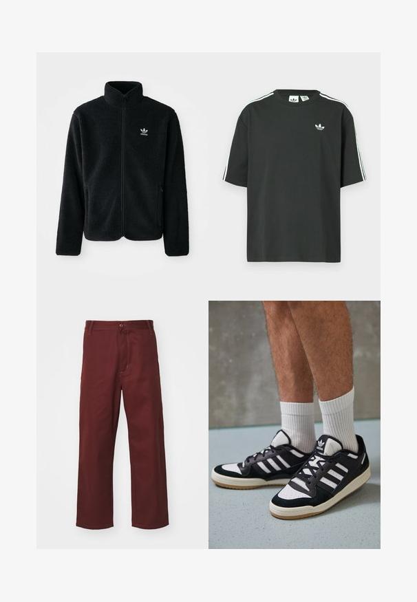 Veste en polaire noire avec col haut, fermeture éclair à l'avant et poches перед тобой. Présente un tissu texturé et un petit logo blanc sur la poitrine gauche.; T-shirt en coton noir à manches courtes, col rond, avec un détail blanc à trois bandes sur les épaules. Présente un petit logo blanc sur la poitrine.; Pantalons bordeaux à jambes droites en tissu lisse; dotés d'une fermeture à bouton et d'une poche avant. Design simple avec des accents de couture.; Baskets noir et blanc avec une tige en suède et cuir, comportant trois rayures blanches, un bout perforé et une semelle en caoutchouc gum.