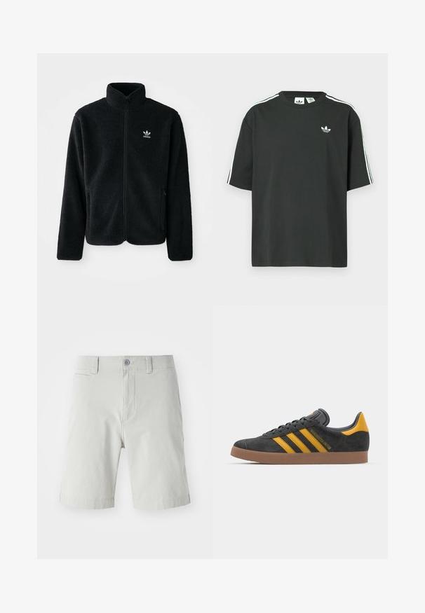 Black fleece jacket with high collar, zip front, and front pockets. Features textured fabric and small white logo on left chest.; Black cotton t-shirt with short sleeves, crew neckline, and white three-stripe detailing on shoulders. Features a small white logo on chest.; Light gray shorts made of soft fabric, featuring a button closure, side pockets, and a clean, tailored design. Length reaches mid-thigh.; Black suede sneaker with yellow accents, featuring three stripes and a brown rubber sole. Includes a padded tongue for comfort.