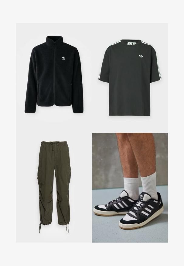 Must värviline fleecedee peasärk kõrge kraega, tõmblukuga esiosa ja esikotid. Omab tekstuuriga kangast ja väikest valget logo vasakul rinnal.; Mustast puuvillast lühikeste varrukatega t-särk, ümmarguse kaelusega ja valgete kolmetriipudega õlgadel. Rinnal on väike valge logo.; Olive roheline cargo püksid, millel on elastne vöökoht koos nööriga, mitu taskut ja reguleeritavad mansetid kitseneva silueti saavutamiseks.; Mustvalged ja valged spordijalatsid, mille pealmine osa on valmistatud suede'ist ja nahast. Kingadel on kolm valget riba, auguline varvas ja kummist tald.