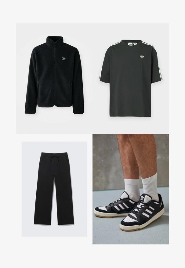 Black fleece jacket with high collar, zip front, and front pockets. Features textured fabric and small white logo on left chest.; Black cotton t-shirt with short sleeves, crew neckline, and white three-stripe detailing on shoulders. Features a small white logo on chest.; Black wide-leg sweatpants made from a soft fabric. Features an elastic waistband with a drawstring and side pockets. Smooth texture.; Black and white sneakers with a suede and leather upper, featuring three white stripes, a perforated toe, and a gum rubber sole.