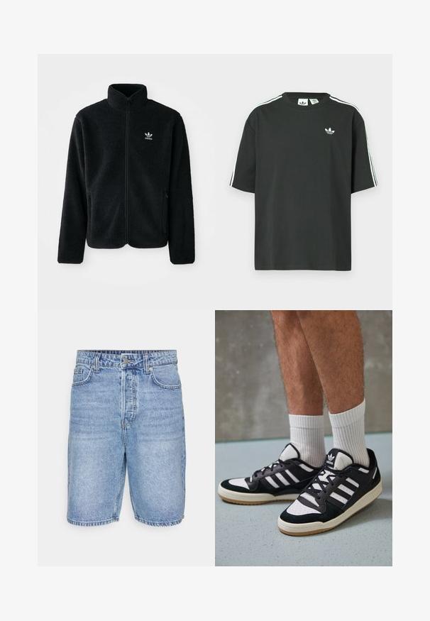 Veste en polaire noire avec col haut, fermeture éclair à l'avant et poches перед тобой. Présente un tissu texturé et un petit logo blanc sur la poitrine gauche.; T-shirt en coton noir à manches courtes, col rond, avec un détail blanc à trois bandes sur les épaules. Présente un petit logo blanc sur la poitrine.; Shorts en denim bleu clair avec un design classique, cinq poches, un zip à l'avant et des coutures visibles le long des ourlets.; Baskets noir et blanc avec une tige en suède et cuir, comportant trois rayures blanches, un bout perforé et une semelle en caoutchouc gum.