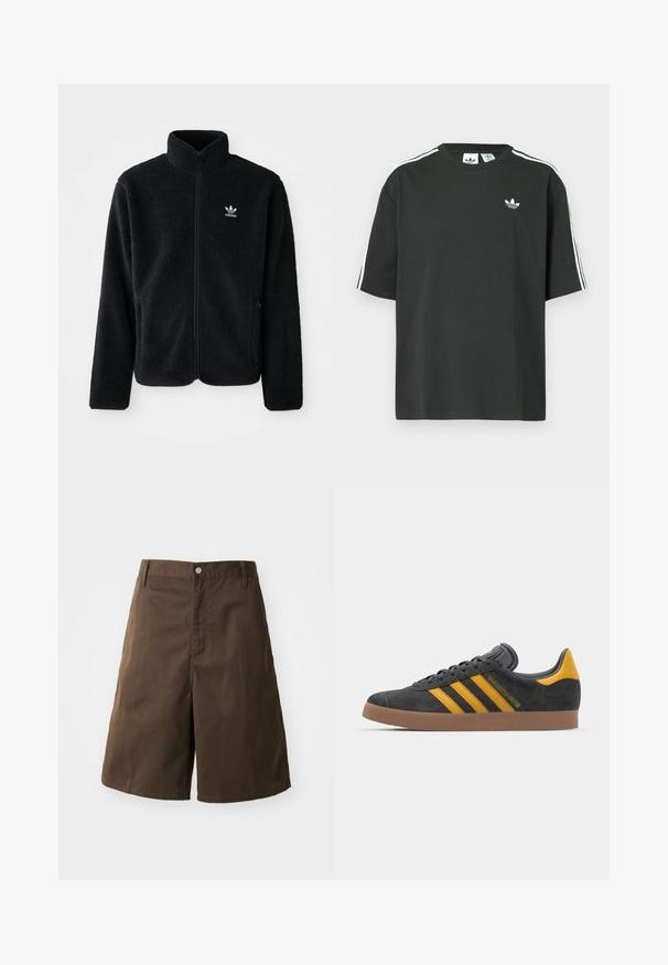 Juodas fliso džemperis su aukštu apykakle, užtrauktuku priekyje ir priekinėmis kišenėmis. Ypatybės: tekstūruota medžiaga ir mažas baltas logotipas kairėje krūtinės pusėje.; Juoda medvilninė trumpų rankovių marškinėliai su apvalia apykakle ir trimis baltomis juostelėmis ant pečių. Priekyje yra mažas baltas logotipas.; Rudos medvilnės šortai su tiesiu siluetu, turintys mygtukų užsegimą, diržo kilpas ir jokios matomos tekstūros ar akcentų.; Juodas zomšinės sportbačiai su geltonais akcentais, turintys tris juosteles ir rudą gumos padą. Apima paminkštintą liežuvėlį patogumui.