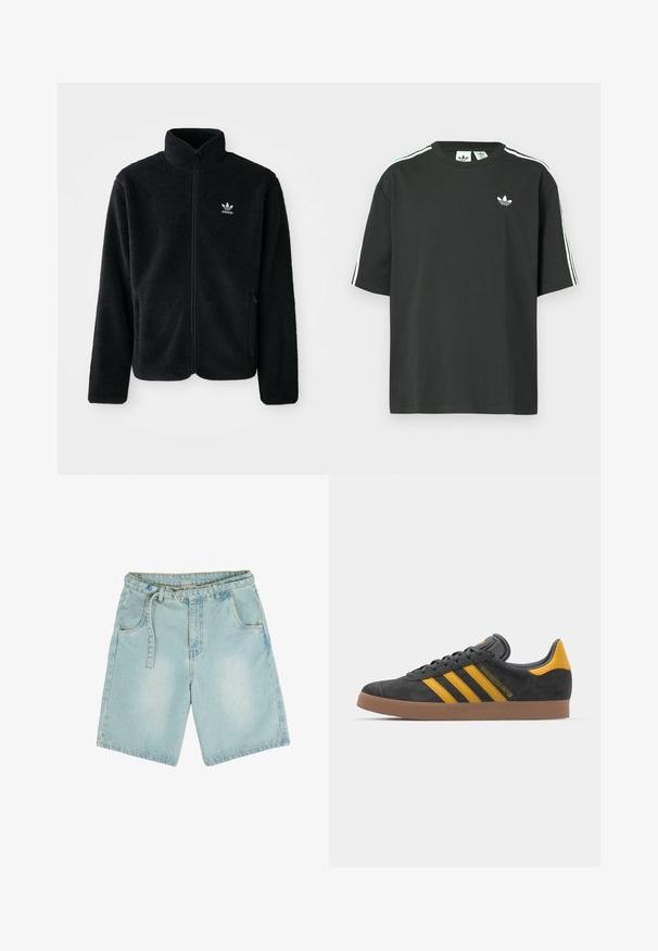 Fekete bolyhos dzseki magas gallérral, cipzáros elejével és elülső zsebeivel. Texturált anyaga és kis fehér logója van a bal mellen.; Fekete pamutpóló rövid ujjakkal, kerek nyakkivágással és fehér háromcsíkos mintázattal a vállakon. A mellrészen kis fehér logó található.; Világoskék farmer rövidnadrág egyenes szabással, öt zsebbel, övcsatlakozókkal és elhalványult felülettel. Tartós pamut anyagból készült.; Fekete velúrbőr sportcipő sárga díszítéssel, három csíkkal és barna gumitalppal. Párnázott nyelvével a kényelem érdekében.