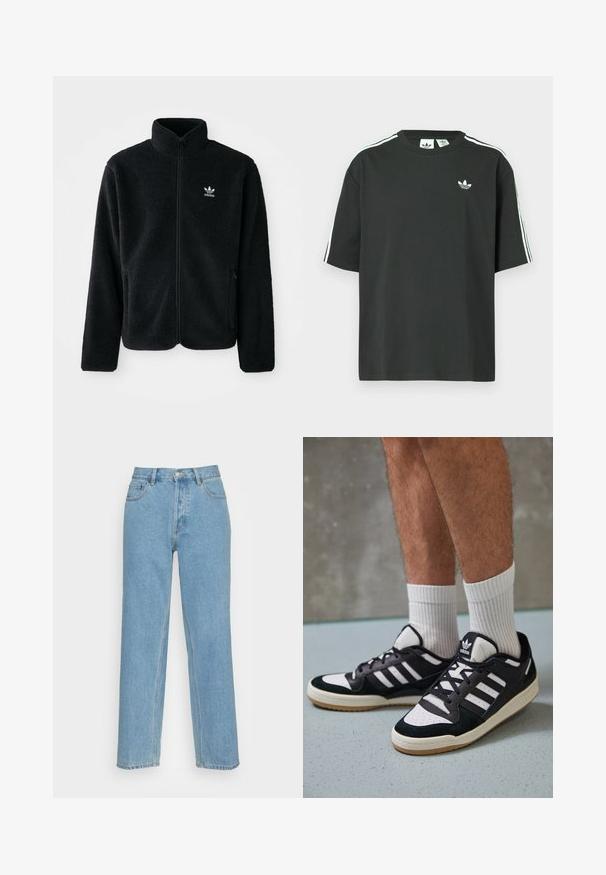 Svart fleecejakke med høy krage, glidelås foran og frontlommer. Har strukturert stoff og liten hvit logo på venstre bryst.; Svart t-skjorte i bomull med korte ermer, rund hals og hvite trestripesdetaljer på skuldrene. Har en liten hvit logo på brystet.; Lyseblå straight-leg jeans laget av denim, med en klassisk fem-lomme design, frontlukking med knapp og synlige sømdetaljer.; Sorte og hvite sneakers med overdel i semsket skinn og lær, med tre hvite striper, perforert tå og en såle av gummi.