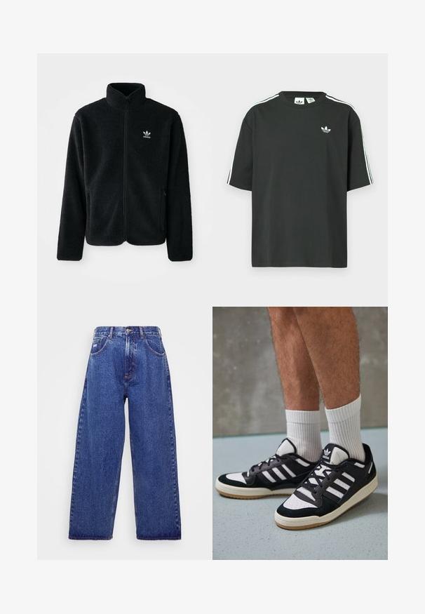 Melns flīsa mētelis ar augstu apkakli, ar rāvējslēdzēju priekšā un priekšējiem kabatām. Iezīmē ar teksturētu audumu un mazu baltu logo uz kreisā krūtīm.; Melna kokvilnas T-krekls ar īsām piedurknēm, apaļu kakla izgriezumu un baltām trim svītrām uz pleciem. Uz krūtīm neliels balts logo.; Plaša kājiņu, zila denima bikses ar augstu jostasvietu, kas satur piecas kabatas, pogu aizdari un smalku izbalēšanu tekstūras radīšanai.; Melnas un baltas kedas ar zamša un ādas augšdaļu, kas aprīkotas ar trim baltām svītrām, perforētu purngali un gumijas zolēm.