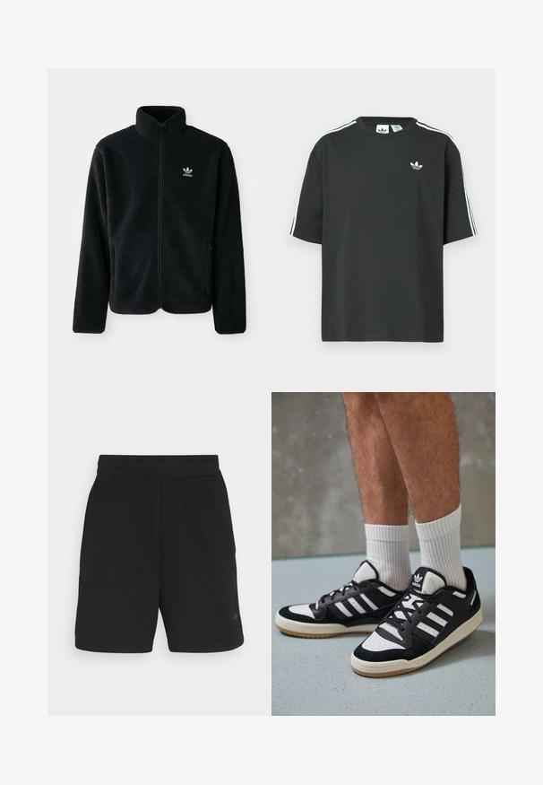 Casaco de fleece preto com gola alta, fecho de correr à frente e bolsos frontais. Apresenta um tecido texturizado e um pequeno logo branco no lado esquerdo do peito.; T-shirt preta de algodão com mangas curtas, gola redonda e detalhe branco de três riscas nos ombros. Apresenta um pequeno logotipo branco no peito.; Calções de desporto pretos com um tecido texturizado, cinto elástico e dois bolsos laterais, apresentando uma marcação mínima na parte inferior da perna.; Ténis em preto e branco com upper em camurça e couro, apresentando três riscas brancas, um toe perfurado e uma sola em borracha de goma.