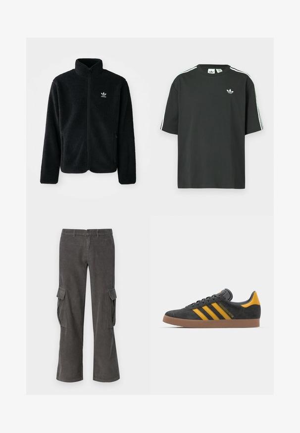 Black fleece jacket with high collar, zip front, and front pockets. Features textured fabric and small white logo on left chest.; Black cotton t-shirt with short sleeves, crew neckline, and white three-stripe detailing on shoulders. Features a small white logo on chest.; Grey corduroy cargo pants featuring a straight leg design, side pockets, and subtle wavy texture. Button and zip closure at the waist.; Black suede sneaker with yellow accents, featuring three stripes and a brown rubber sole. Includes a padded tongue for comfort.