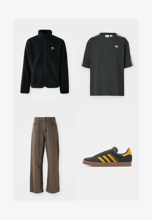 Crna fleec jakna s visokim ovratnikom, prednjim zatvaračem i prednjim džepovima. Ima teksturirani materijal i mali bijeli logo na lijevoj strani prsnog koša.; Crna pamučna majica kratkih rukava, s okruglim izrezom i bijelim detaljima u obliku triju pruga na ramenima. Na prsima se nalazi mali bijeli logotip.; Široke smeđe traperice s gumbom, petljama za pojas i prednjim džepovima. Tkanina ima blago izblijedjeli tekstur.; Crne nubuk tenisice s žutim detaljima, sa tri pruge i smešnim gumenim potplatom. Imaju jastučić na jeziku za udobnost.
