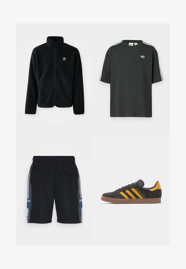 Sort fleecejakke med høj krave, lynlås foran og frontlommer. Har tekstureret stof og lille hvidt logo på venstre bryst.; Sort bomulds-T-shirt med korte ærmer, rund hals og hvide tre-stribede detaljer på skuldrene. Har et lille hvidt logo på brystet.; Sorte atletiske shorts lavet af let materiale, elastisk talje, sidestriber i grå og et blåt logo-patch på venstre ben.; Sort suedet sneaker med gule accenter, der har tre striber og en brun gummisål. Inkluderer en polstret tunge for komfort.
