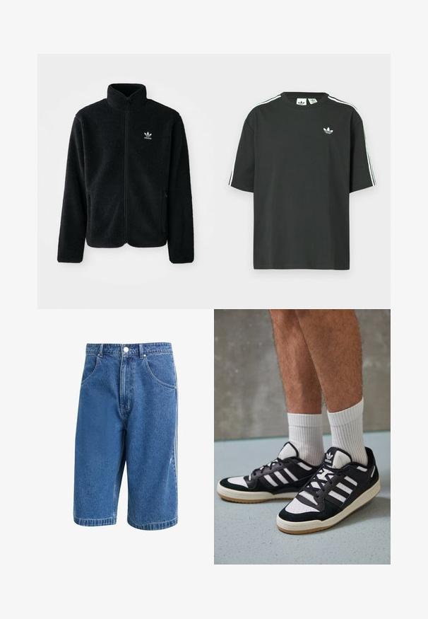 Melns flīsa mētelis ar augstu apkakli, ar rāvējslēdzēju priekšā un priekšējiem kabatām. Iezīmē ar teksturētu audumu un mazu baltu logo uz kreisā krūtīm.; Melna kokvilnas T-krekls ar īsām piedurknēm, apaļu kakla izgriezumu un baltām trim svītrām uz pleciem. Uz krūtīm neliels balts logo.; Vidēji zili džinsu šorti ar klasisku griezumu, pieciem kabatām un metāla pogas aizdari. Auduma nedaudz nolietota tekstūra.; Melnas un baltas kedas ar zamša un ādas augšdaļu, kas aprīkotas ar trim baltām svītrām, perforētu purngali un gumijas zolēm.