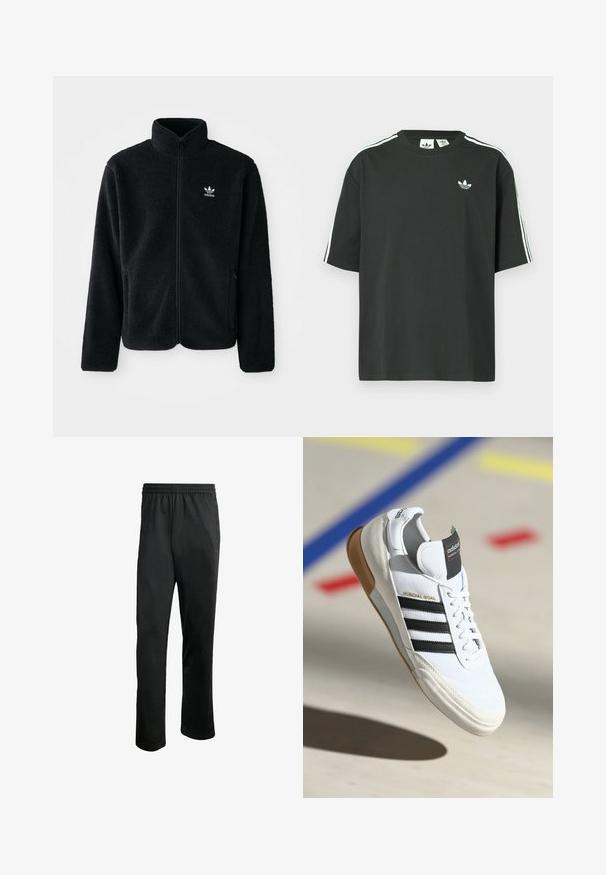 Svart fleecejakke med høy krage, glidelås foran og frontlommer. Har strukturert stoff og liten hvit logo på venstre bryst.; Svart t-skjorte i bomull med korte ermer, rund hals og hvite trestripesdetaljer på skuldrene. Har en liten hvit logo på brystet.; Sorte treningsbukser med en komfortabel elastisk midjebånd, to sidelommer og et glatt, lett stoff. Har subtile logodetaljer.; Hvite Adidas Mundial Goal sneakers med svarte striper og gummisåle, vist i luften over en sportsgulv med fargede linjer.