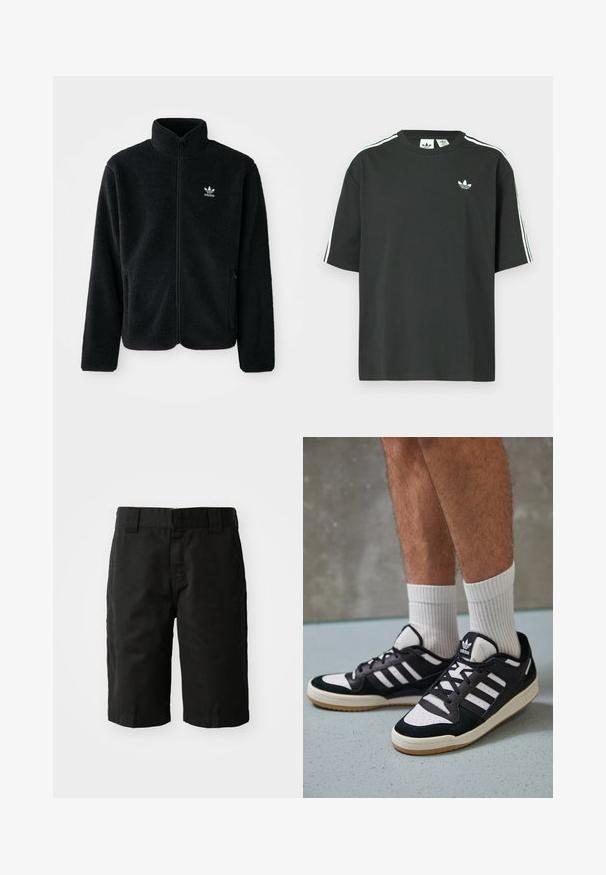 Schwarze Fleecejacke mit hohem Kragen, durchgehendem Reißverschluss und Fronttaschen. Verfügt über strukturiertes Material und ein kleines weißes Logo auf der linken Brust.; Schwarzes Baumwoll-T-Shirt mit kurzen Ärmeln, Rundhalsausschnitt und weißen Dreistreifen-Details auf den Schultern. Verfügt über ein kleines weißes Logo auf der Brust.; Schwarze Baumwollshorts mit geradem Schnitt, Gürtelschlaufen und flacher Vorderseite. Verfügt über Taschen an den Seiten und eine glatte Textur.; Schwarz-weiße Sneaker mit einem Obermaterial aus Wildleder und Leder, ausgestattet mit drei weißen Streifen, einer perforierten Zehenpartie und einer Sohle aus Gummi.
