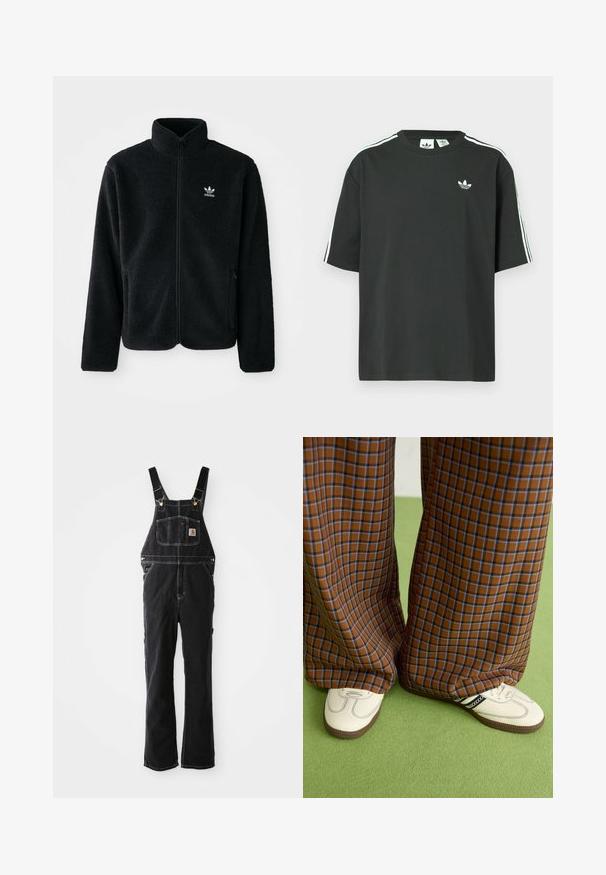 Svart fleecejakke med høy krage, glidelås foran og frontlommer. Har strukturert stoff og liten hvit logo på venstre bryst.; Svart t-skjorte i bomull med korte ermer, rund hals og hvite trestripesdetaljer på skuldrene. Har en liten hvit logo på brystet.; Svart denim overall har justerbare stropper, en frontlomme og detaljer i gullfarget metall. Stoffet har et teksturert, robust utseende.; Brune og blå rutete vide bukser sammen med hvite sko med svarte detaljer og teksturerte såler, satt mot en grønn bakgrunn.