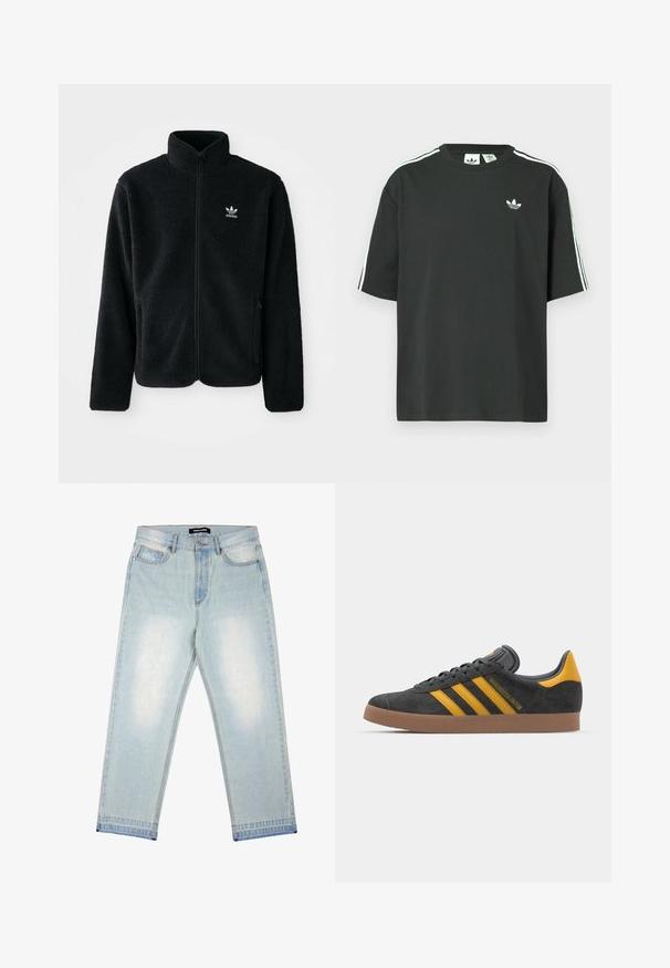 Juodas fliso džemperis su aukštu apykakle, užtrauktuku priekyje ir priekinėmis kišenėmis. Ypatybės: tekstūruota medžiaga ir mažas baltas logotipas kairėje krūtinės pusėje.; Juoda medvilninė trumpų rankovių marškinėliai su apvalia apykakle ir trimis baltomis juostelėmis ant pečių. Priekyje yra mažas baltas logotipas.; Pegador BARROW - Laisvi džinsai - sand washed blue; Juodas zomšinės sportbačiai su geltonais akcentais, turintys tris juosteles ir rudą gumos padą. Apima paminkštintą liežuvėlį patogumui.