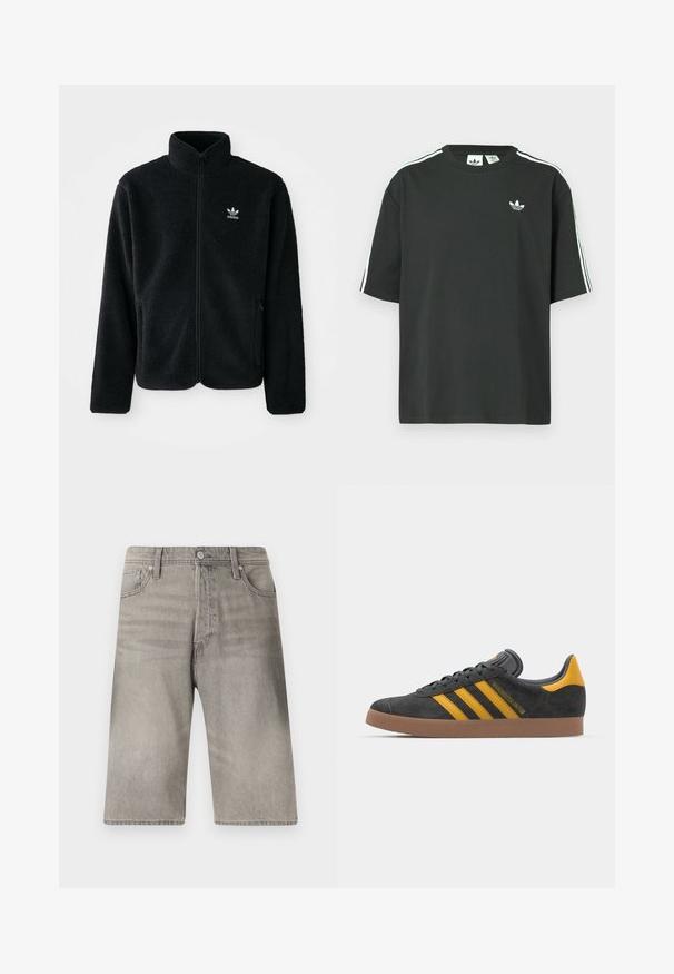 Veste en polaire noire avec col haut, fermeture éclair à l'avant et poches перед тобой. Présente un tissu texturé et un petit logo blanc sur la poitrine gauche.; T-shirt en coton noir à manches courtes, col rond, avec un détail blanc à trois bandes sur les épaules. Présente un petit logo blanc sur la poitrine.; Shorts en denim gris avec une coupe droite, dotés d'un zip à boutons, de cinq poches et d'un léger délavage sur le tissu.; Baskets en suede noir avec des accents jaunes, présentant trois rayures et une semelle en caoutchouc marron. Comprend une languette rembourrée pour le confort.