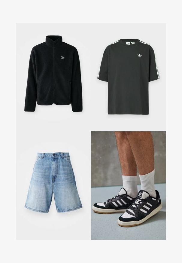 Veste en polaire noire avec col haut, fermeture éclair à l'avant et poches перед тобой. Présente un tissu texturé et un petit logo blanc sur la poitrine gauche.; T-shirt en coton noir à manches courtes, col rond, avec un détail blanc à trois bandes sur les épaules. Présente un petit logo blanc sur la poitrine.; Shorts en denim bleu clair avec une coupe décontractée, dotés d'une taille haute, d'un design à cinq poches et de détails de couture visibles.; Baskets noir et blanc avec une tige en suède et cuir, comportant trois rayures blanches, un bout perforé et une semelle en caoutchouc gum.