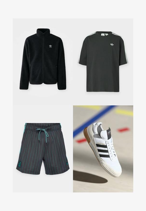 Crna fleec jakna s visokim ovratnikom, prednjim zatvaračem i prednjim džepovima. Ima teksturirani materijal i mali bijeli logo na lijevoj strani prsnog koša.; Crna pamučna majica kratkih rukava, s okruglim izrezom i bijelim detaljima u obliku triju pruga na ramenima. Na prsima se nalazi mali bijeli logotip.; Crne kupaćice s tirkiznim vertikalnim prugama, elastičnom waistband-om i vezicom. Ima oznaku na lijevoj strani.; Bijela Adidas Mundial Goal tenisica s crnim prugama i gumiranim potplatima, prikazana u zraku iznad sportske podloge s obojenim linijama.